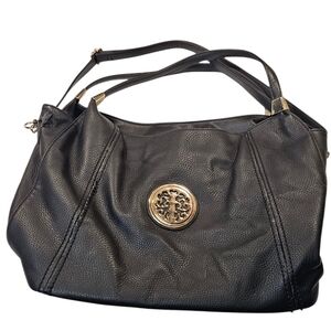 DS Bags Black Faux Leather Tote with Gold Medallion – Large Shoulder Purse